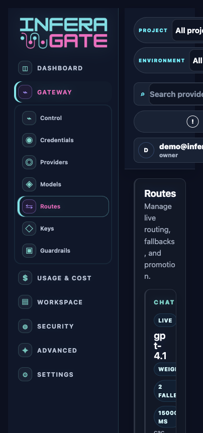 Route configuration in Inferagate using demo@inferagate.com