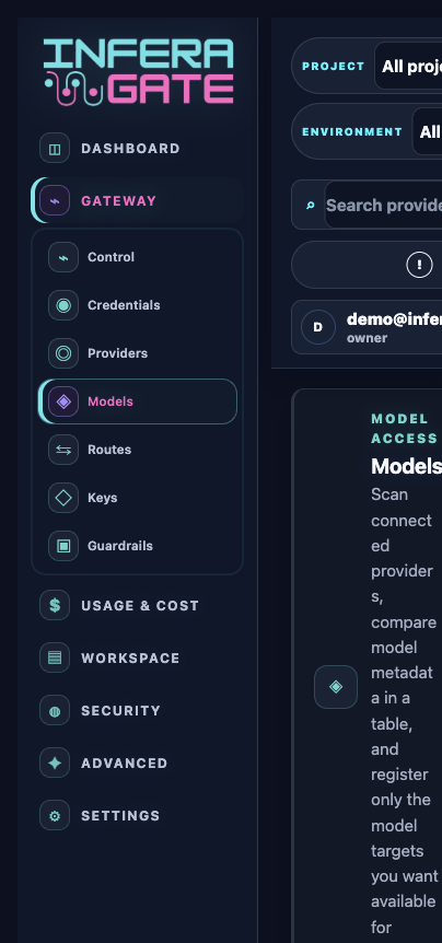 Inferagate model access and runtime model screen