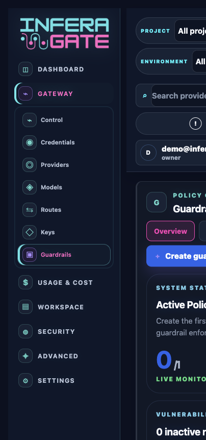 Guardrail setup in Inferagate using demo@inferagate.com